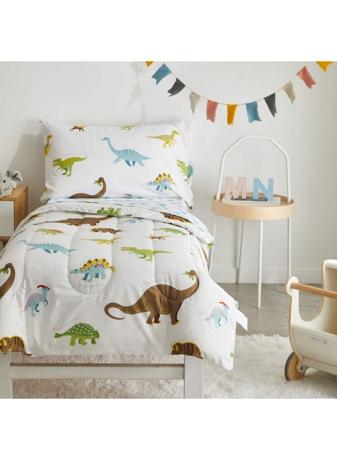 Uozzi Bedding طقم سرير للأطفال مكون من 4 قطع ديناصور أبيض مع ديناصورات و وحوش ملونة، طقم لحاف للأطفال لفصل الخريف والشتاء يتضمن لحاف، شريحة مسطحة، شريحة ملائمة وغطاء وسادة - Image 2
