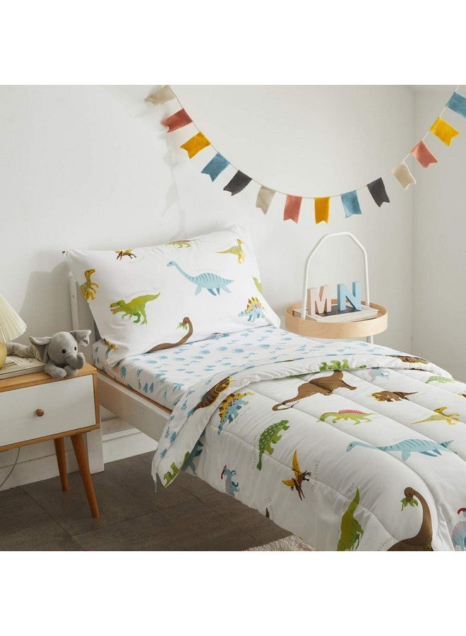 Uozzi Bedding طقم سرير للأطفال مكون من 4 قطع ديناصور أبيض مع ديناصورات و وحوش ملونة، طقم لحاف للأطفال لفصل الخريف والشتاء يتضمن لحاف، شريحة مسطحة، شريحة ملائمة وغطاء وسادة - Image 3