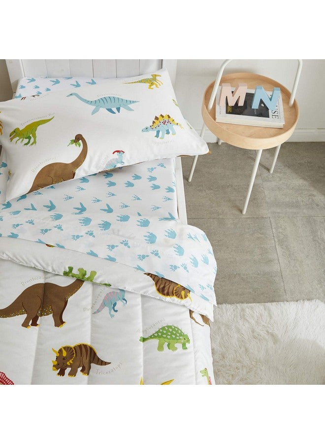 Uozzi Bedding طقم سرير للأطفال مكون من 4 قطع ديناصور أبيض مع ديناصورات و وحوش ملونة، طقم لحاف للأطفال لفصل الخريف والشتاء يتضمن لحاف، شريحة مسطحة، شريحة ملائمة وغطاء وسادة - Image 5