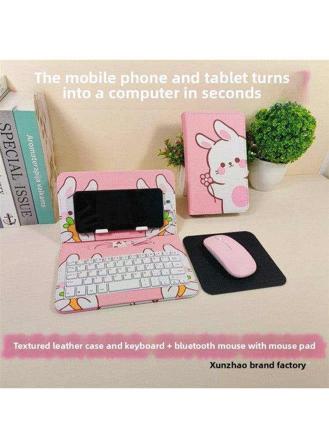 Mobile Phone Keyboard Mouse Suit Typing Chat Artifact Mobile Phone Large Bracket Leather Case Students Practice Game Cloud Computer-Color:Pink Rabbit Keyboard Case (without Mouse)-Product Type:Android Socket+type Adapter