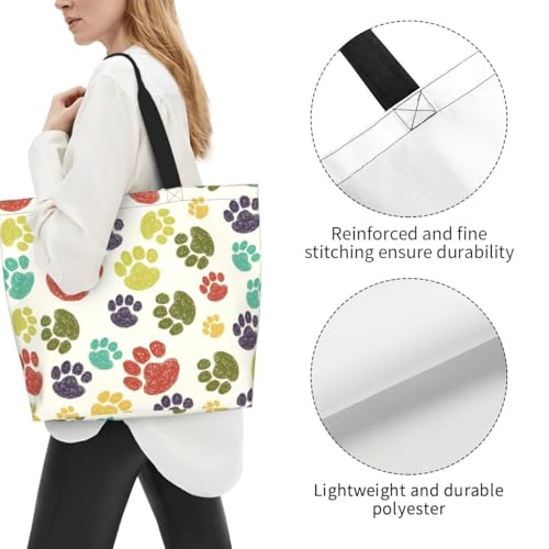 bositigo Colorful Paw Print Tote Bag for Women, Cute Dog Cat Paws Print Purse Gifts for Cat Dog Lovers, Shoulder Reusable Shopping Handbags Casual Travel Polyester Summer Beach Grocery Bag Holiday Gifts - Image 4