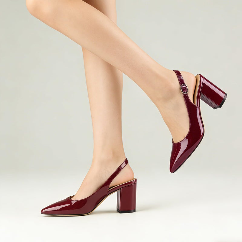 JOY IN LOVE Women's Slingback Heels Pointed Closed Toe Pumps Chunky Block Heel Work Dress Shoes Burgundy Patent 8 US - Image 2