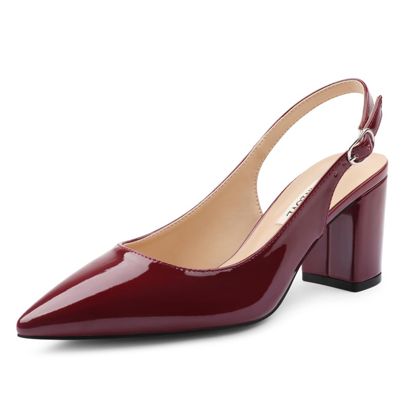 JOY IN LOVE Women's Slingback Heels Pointed Closed Toe Pumps Chunky Block Heel Work Dress Shoes Burgundy Patent 8 US - Image 1