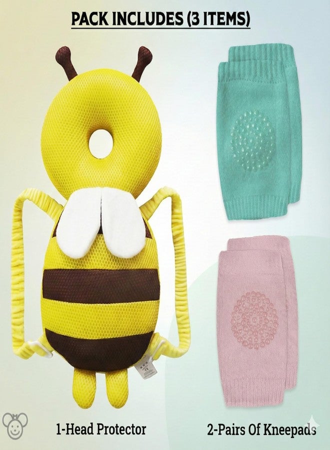 DaKos Baby Head Protector with Horizontal Safety Belt, Infant Head Safety Gear, Headguard for Toddlers for Babies Safety, Breathable Yellow Bee with 2 Pairs of (Random Color) Knee Pads - Image 5