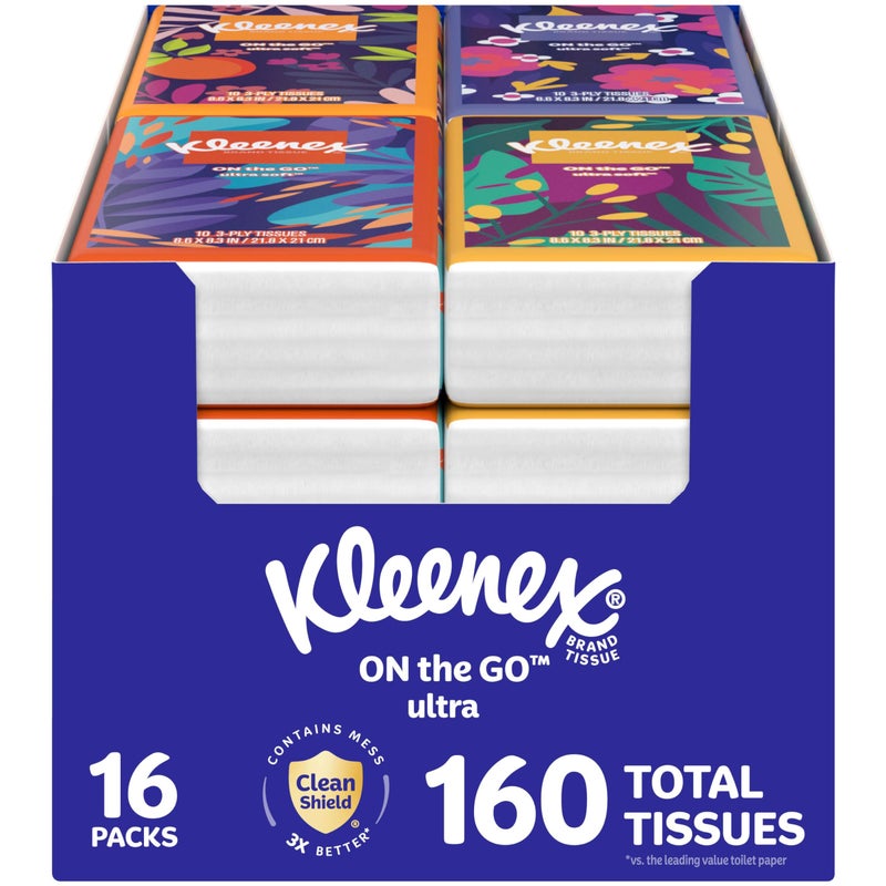 Kleenex On-The-Go Facial Tissues, 16 On-The-Go Packs, 10 per Box, 3-Ply (160 Total), Packaging May Vary - Image 1