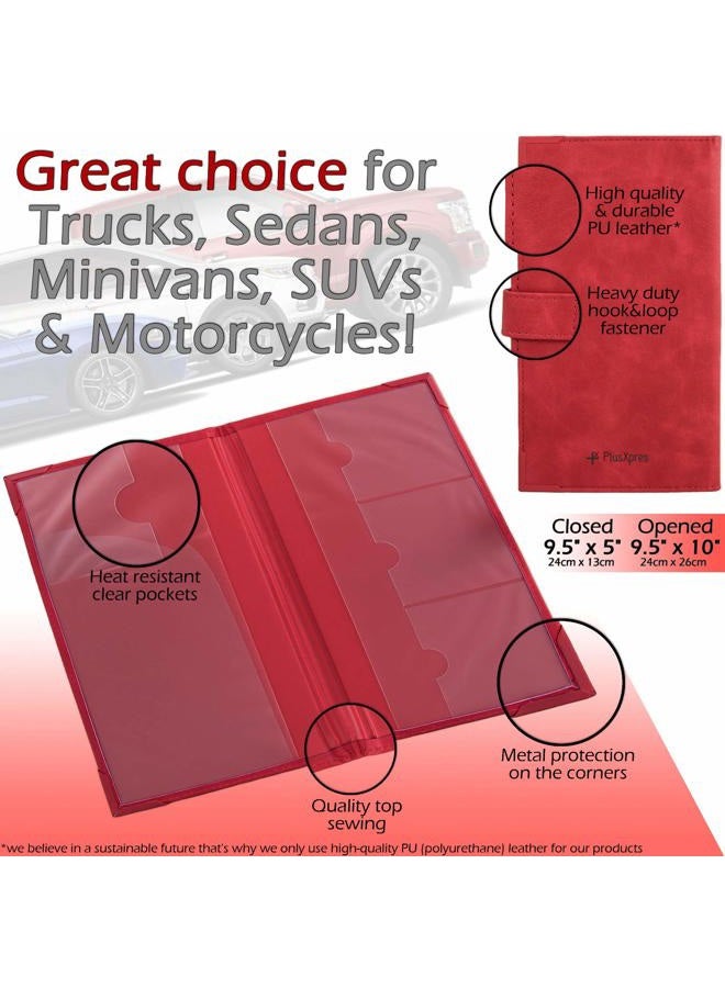 PlusXpres Auto Insurance and Registration Card Holder - Vehicle Glove Box Document Organizer - Car Essential Paperwork Holder for DMV, AAA, Contact Information Cards - Premium PU Leather Wallet Case - Red - Image 5