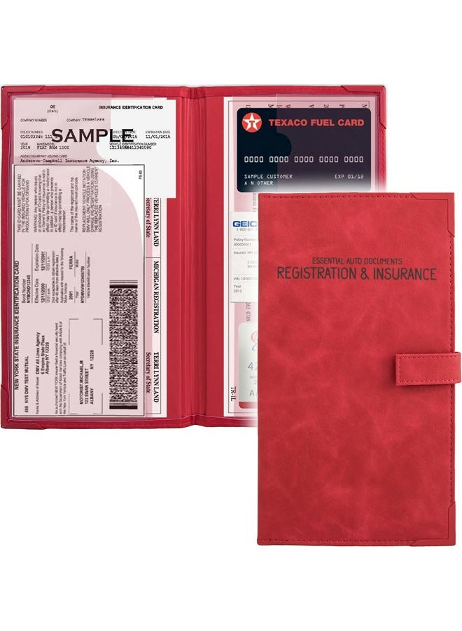 PlusXpres Auto Insurance and Registration Card Holder - Vehicle Glove Box Document Organizer - Car Essential Paperwork Holder for DMV, AAA, Contact Information Cards - Premium PU Leather Wallet Case - Red - Image 1