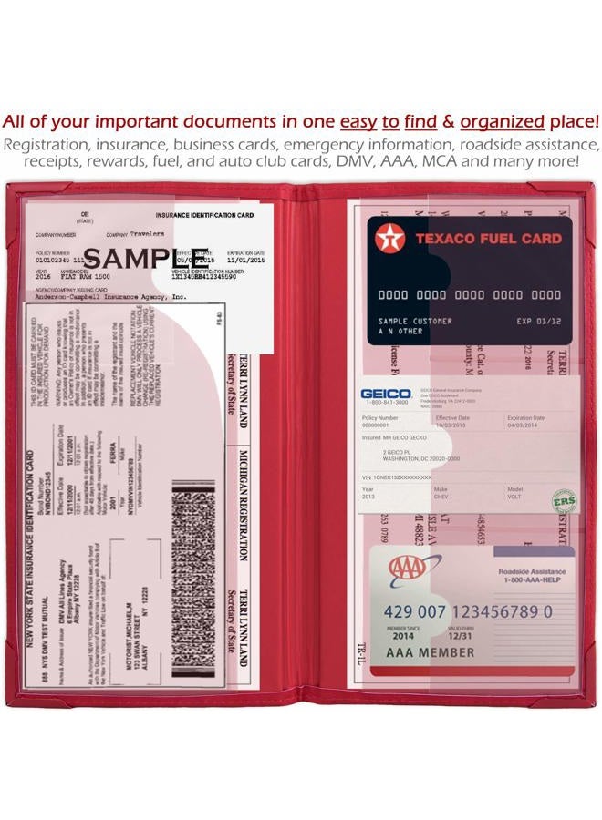PlusXpres Auto Insurance and Registration Card Holder - Vehicle Glove Box Document Organizer - Car Essential Paperwork Holder for DMV, AAA, Contact Information Cards - Premium PU Leather Wallet Case - Red - Image 4