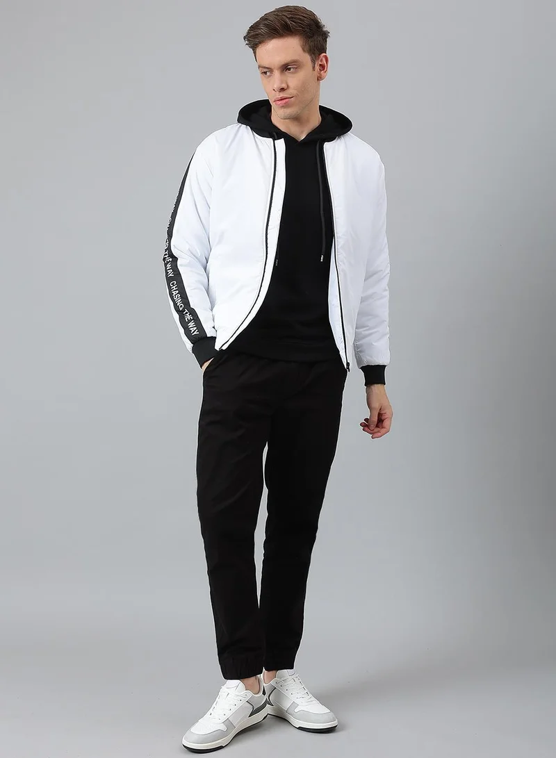 Dennis Lingo WHITE White Regular Fit Men's Solid Rib Collar Polyester Jacket with Zipper Closure for Men | Best Price UAE