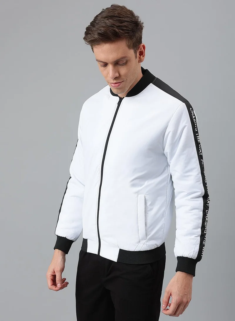 Dennis Lingo WHITE White Regular Fit Men's Solid Rib Collar Polyester Jacket with Zipper Closure for Men | Best Price UAE