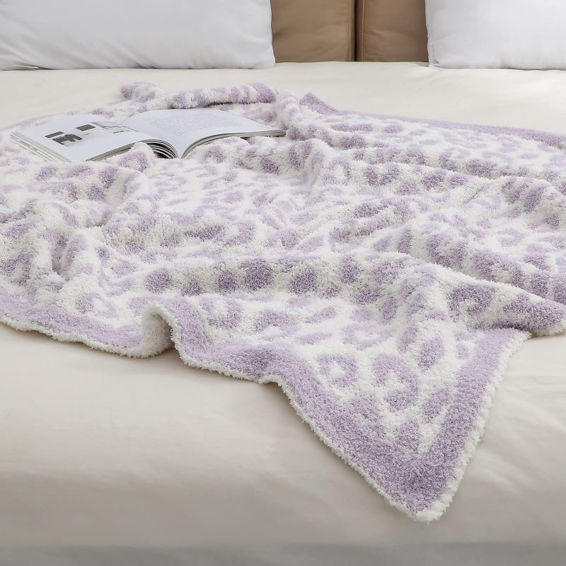 bearberry Fuzzy Leopard Knitted Throw Blanket Soft Cozy Warm Microfiber Blanket for Couch Sofa Bed Travel (Purple/Cream  50""x60"") - Image 5