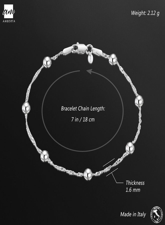 Amberta 925 Sterling Silver 1.4 Singapore Chain Bracelet with 4 mm Ball Beads Length 7" inch / 18 cm (7) - Image 3