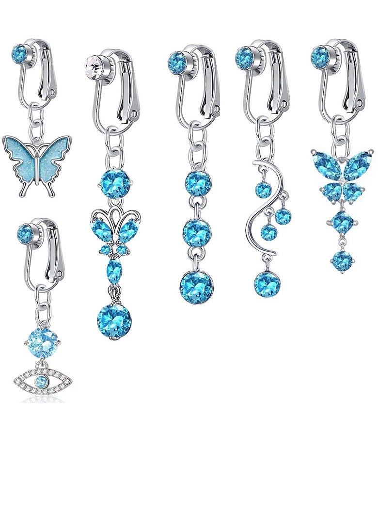 6 pcs piercing free Belly  Ring for Women  Clip On Belly Button Rings crystal blue Navel Ring Non Piercing body jewelry for girls  - Image 1