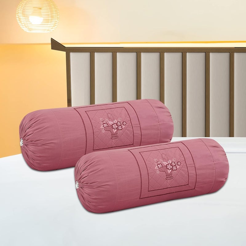 Rj Products Flower Cotton Embroidery Bolsters Covers Set of 2 Piece Wine Color - Image 1