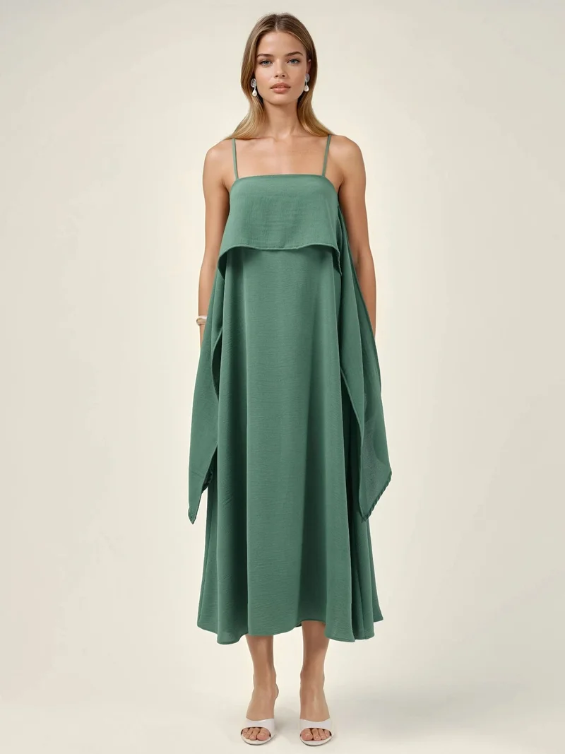 HICCUP Green Square Collar Layered Spaghetti Strap Maxi Dress for Women | Best Price UAE