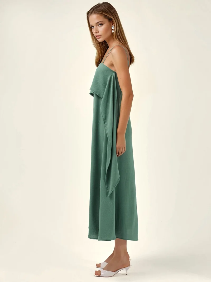 HICCUP Green Square Collar Layered Spaghetti Strap Maxi Dress for Women | Best Price UAE