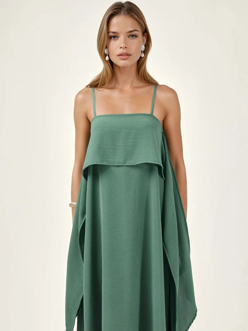 هيكاب Square Collar Layered Spaghetti Strap Maxi Dress