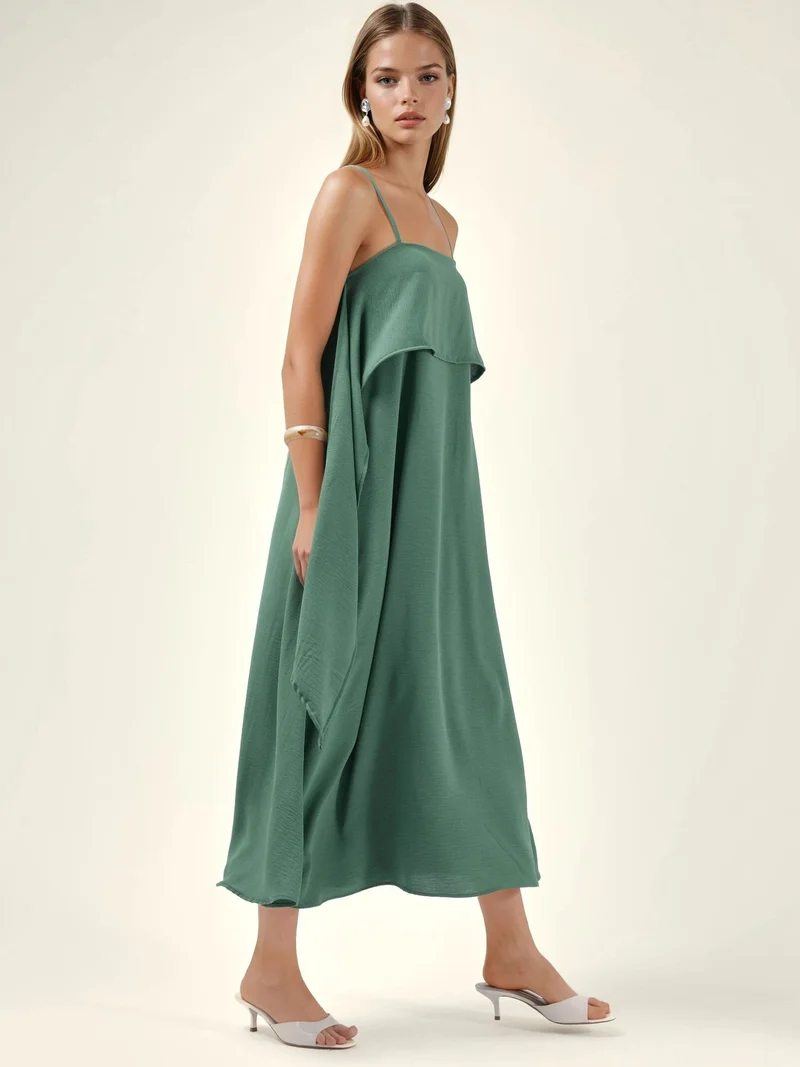 HICCUP Green Square Collar Layered Spaghetti Strap Maxi Dress for Women | Best Price UAE