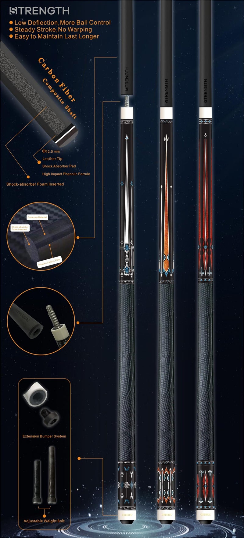 CUESOUL STRENGTH 58inches 19oz Carbon Fiber Pool Cue Stick,12.5mm tips - Image 2