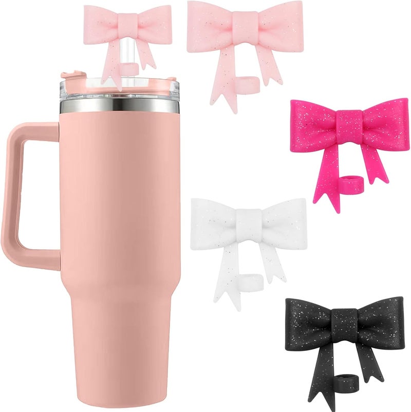 Hpebl 4Pcs Silicone Straw Toppers Covers for Stanley Cups 40/30oz 10mm(0.4in) Flash Black Dust-Proof Bow Straw Covers Toppers Rose Red Suitbale for Stanley Cup Accessories Reusable Straws Caps - Image 1