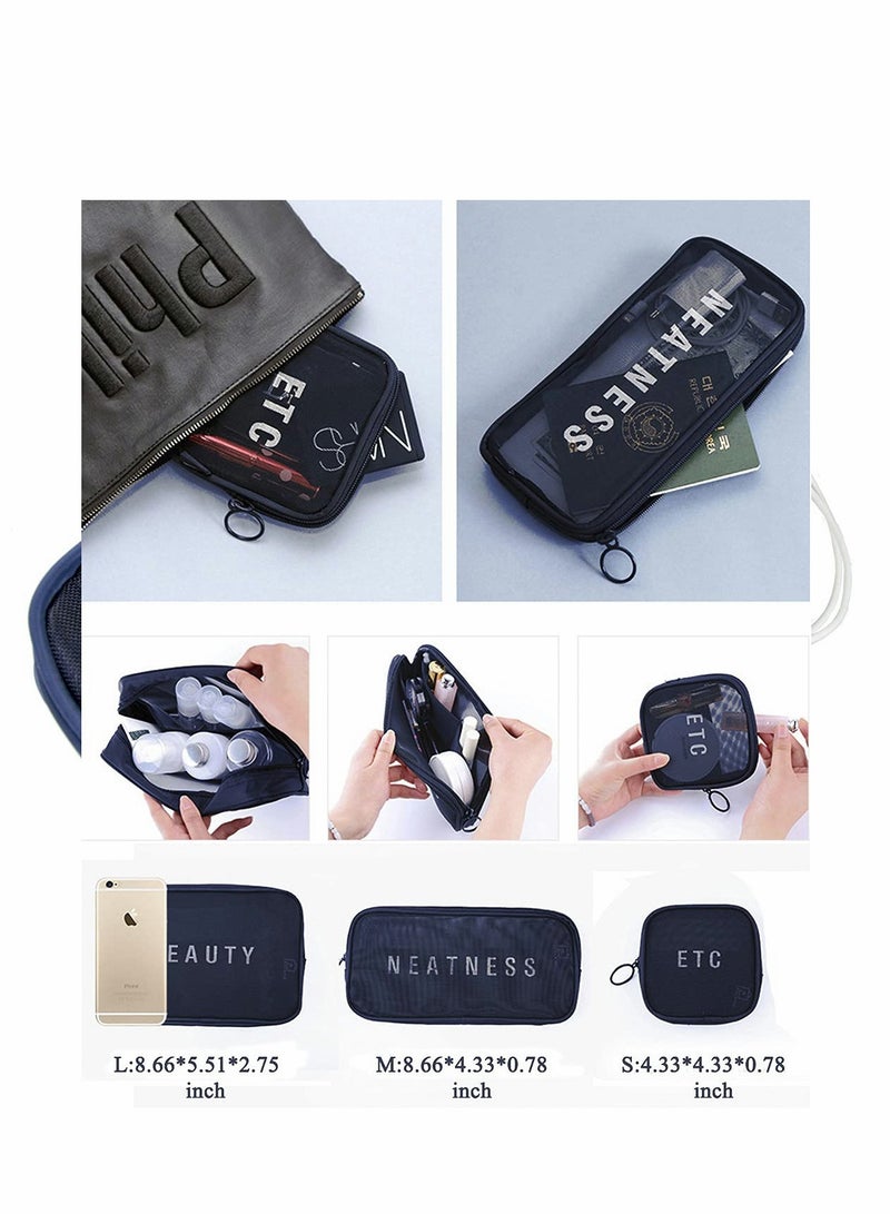 4Pcs Clear Mesh Makeup Bag Set - Mini Portable Toiletry Pouches with Zipper for Travel & Daily Use (Gray) - Image 2