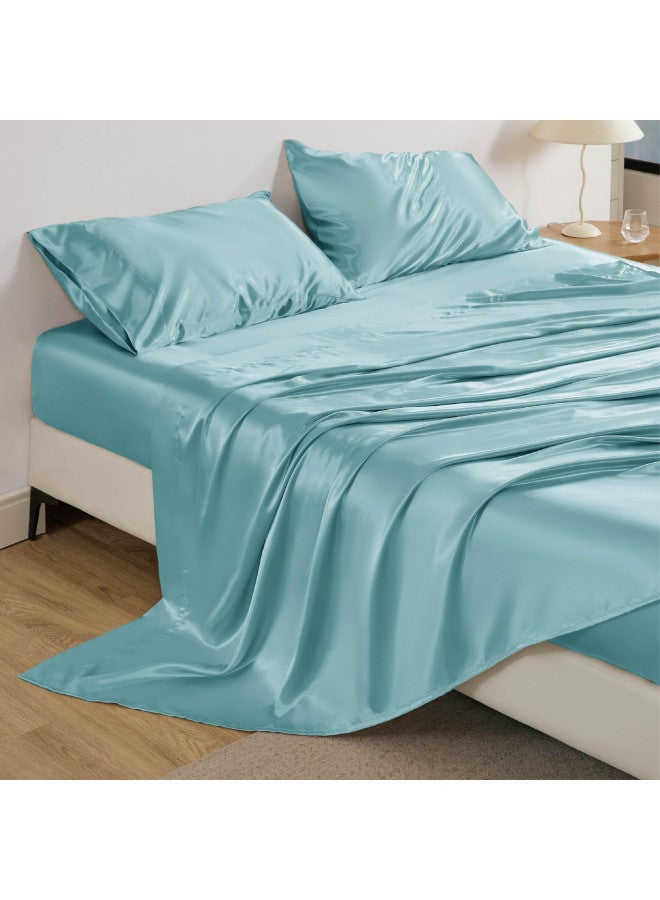 Bedsure Bedsure Satin Sheets - Soft King Sheet Set, 4 Pcs King Bed Sheets, Similar to Silk Sheets, Bed Sheets King Size for Hair and Skin, Gifts for Women (Blue, King)  - Image 1