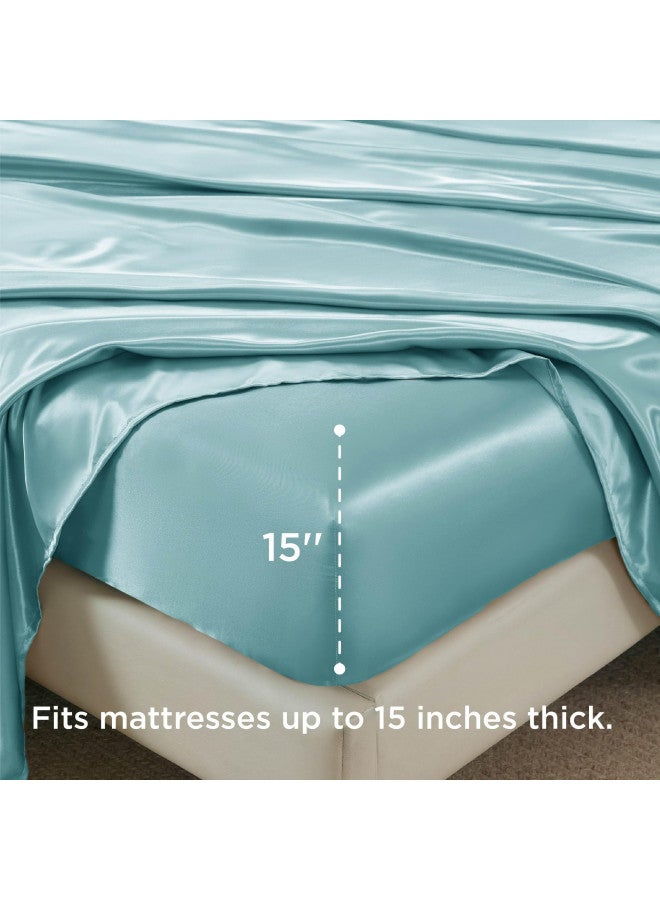 Bedsure Bedsure Satin Sheets - Soft King Sheet Set, 4 Pcs King Bed Sheets, Similar to Silk Sheets, Bed Sheets King Size for Hair and Skin, Gifts for Women (Blue, King)  - Image 4