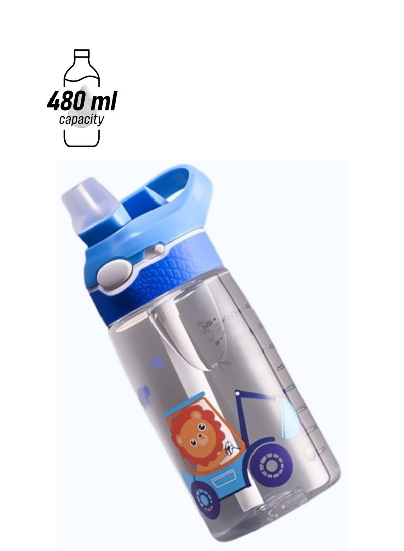 GGEROU زجاجة ماء للأطفال مع غطاء قشة قابلة لإعادة الاستخدام مصنوعة من البلاستيك المتين مع غطاء فوهة وحلقة حمل مدمجة، صمام عض كبير، أزرق 480 مل - Image 1