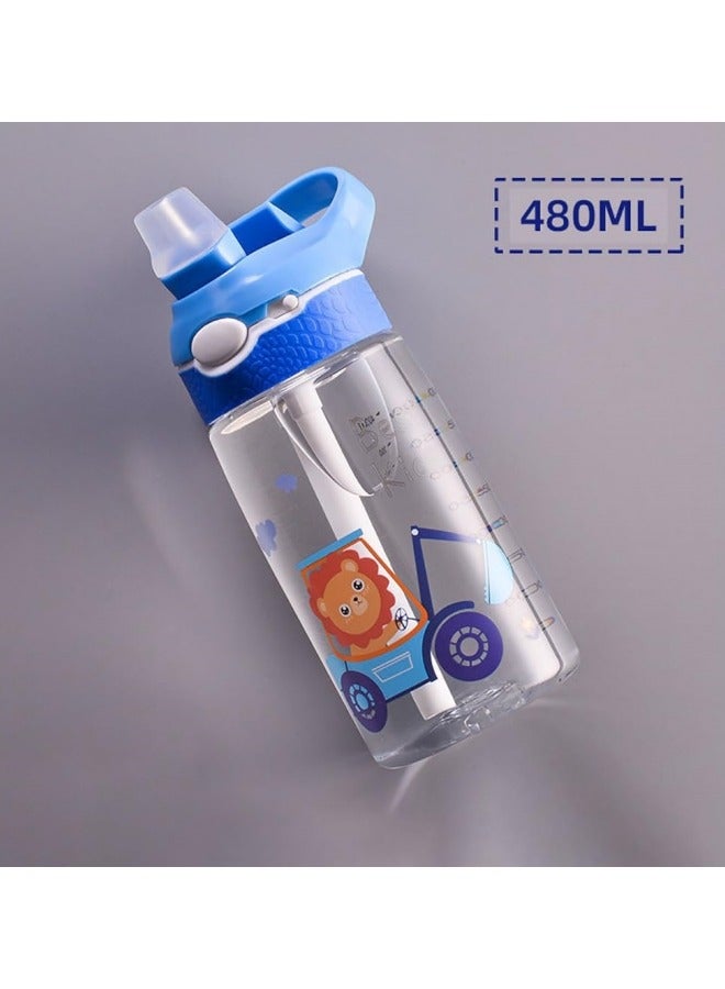 GGEROU زجاجة ماء للأطفال مع غطاء قشة قابلة لإعادة الاستخدام مصنوعة من البلاستيك المتين مع غطاء فوهة وحلقة حمل مدمجة، صمام عض كبير، أزرق 480 مل - Image 2