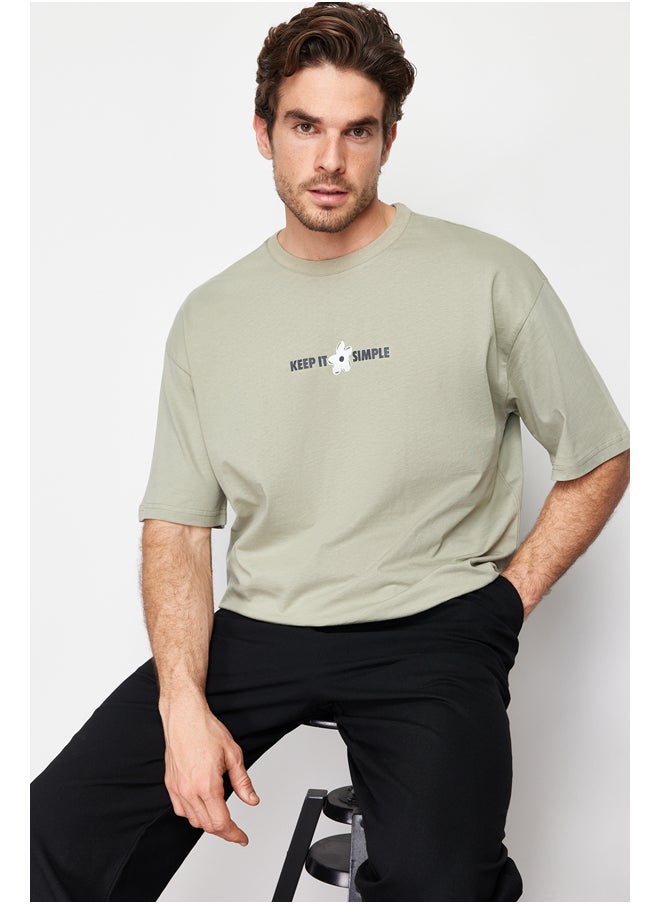 trendyol - Mint Oversize/Wide-Cut Floral-Text Print Short Sleeve 100% Cotton T-Shirt TMNSS22TS0123 - Image 1