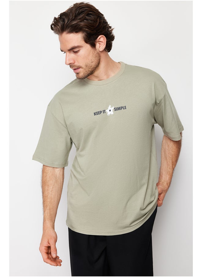 trendyol - Mint Oversize/Wide-Cut Floral-Text Print Short Sleeve 100% Cotton T-Shirt TMNSS22TS0123 - Image 1