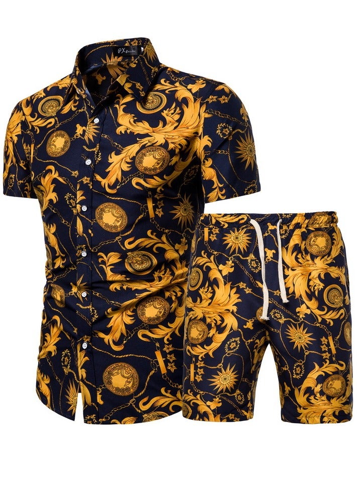 KUYING Men's Short Sleeved Shirt Set, Men's Casual Printed Shirt Shorts Two-piece Set 