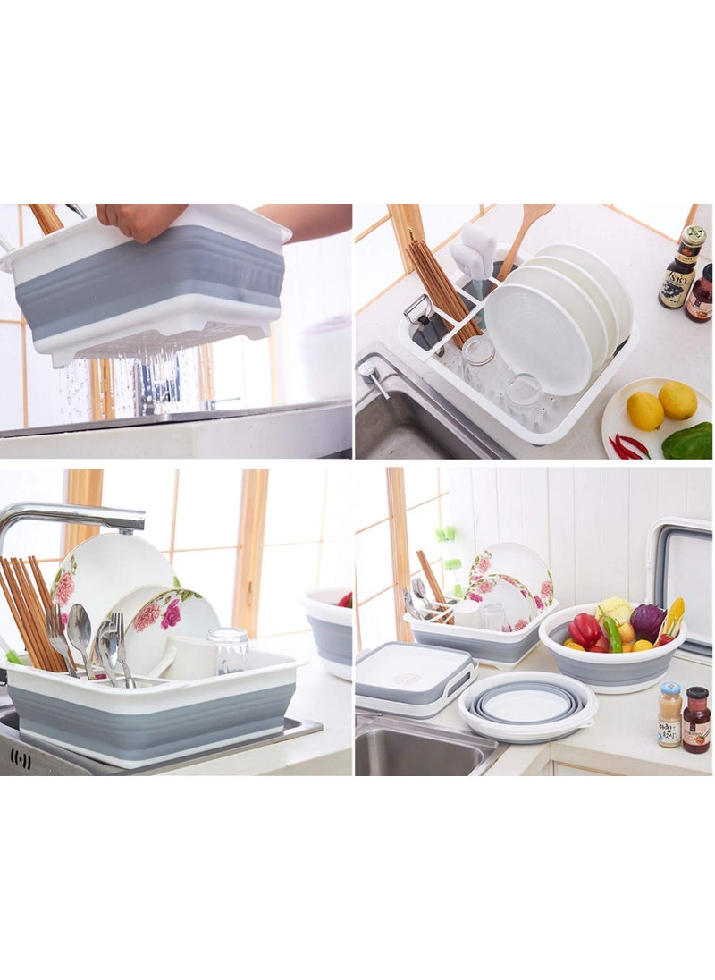 RIVUGJA RIVUGJA MultiFunction Foldable Disk Washing TraySilicone Collapsible Foldable Dish Drying Drainer Storage Kitchen Rack for Portable Travel Dinnerware Organizer White Grey  - Image 3