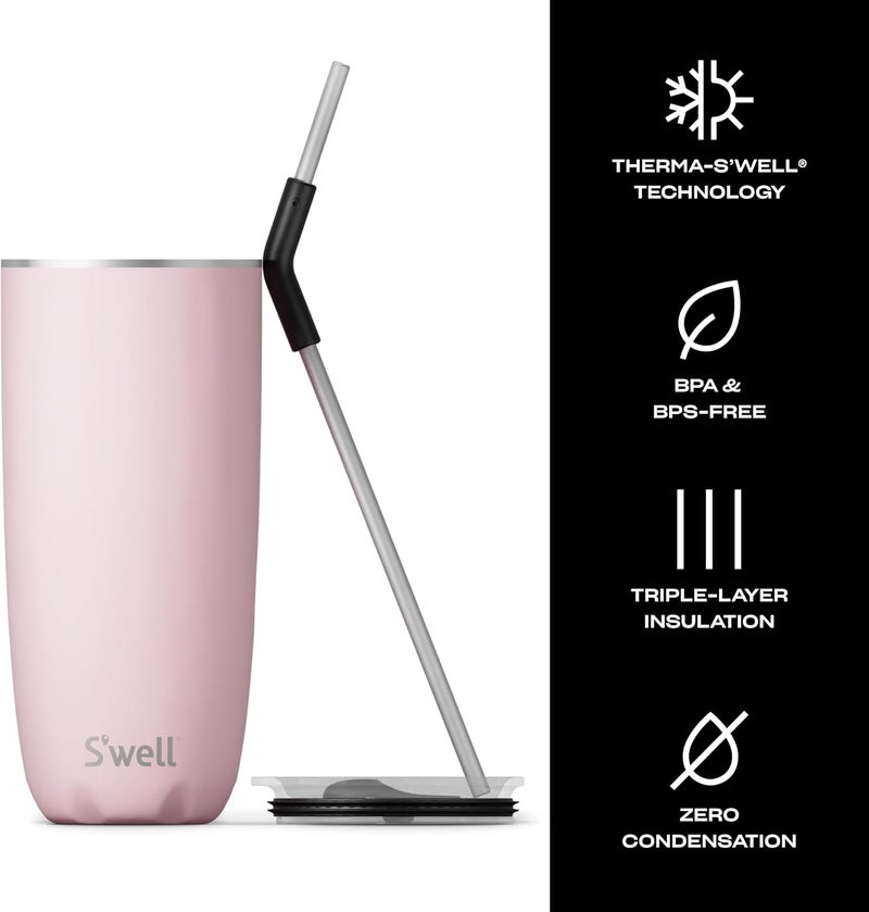 S'well Stainless Steel Tumbler with Straw and Slide-Open Lid, 24oz, Pink Topaz, Triple Layered Vacuum Insulated Containers Keeps Drinks Cold for 18 Hours and Hot for 5, BPA Free - Image 2