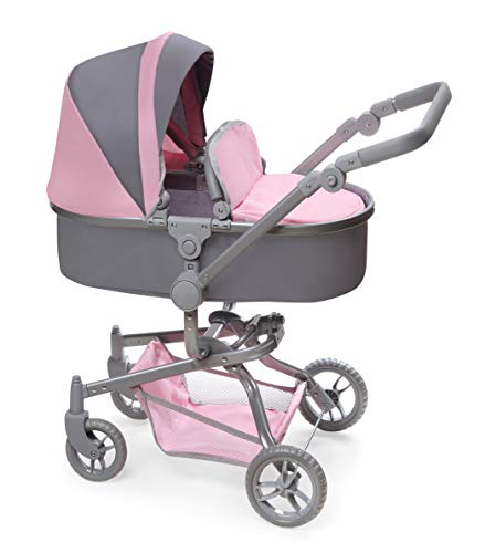 Badger Basket Foldable Doll Stroller Pram for Dolls Convertible Toy with Canopy Basket Soft Handle Lightweight Easy to Use for Girls Ages 3 GrayPink - Image 1