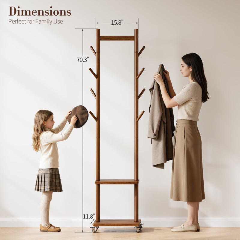 Yoobure Solid Wood Coat Rack Freestanding - Rolling Clothes Rack with 8 Hooks & Shelves, Small Clothing Rack with Wheels, Heavy Duty Clothing Racks for Hanging Clothes, Portable Hall Tree for Entryway - Image 2