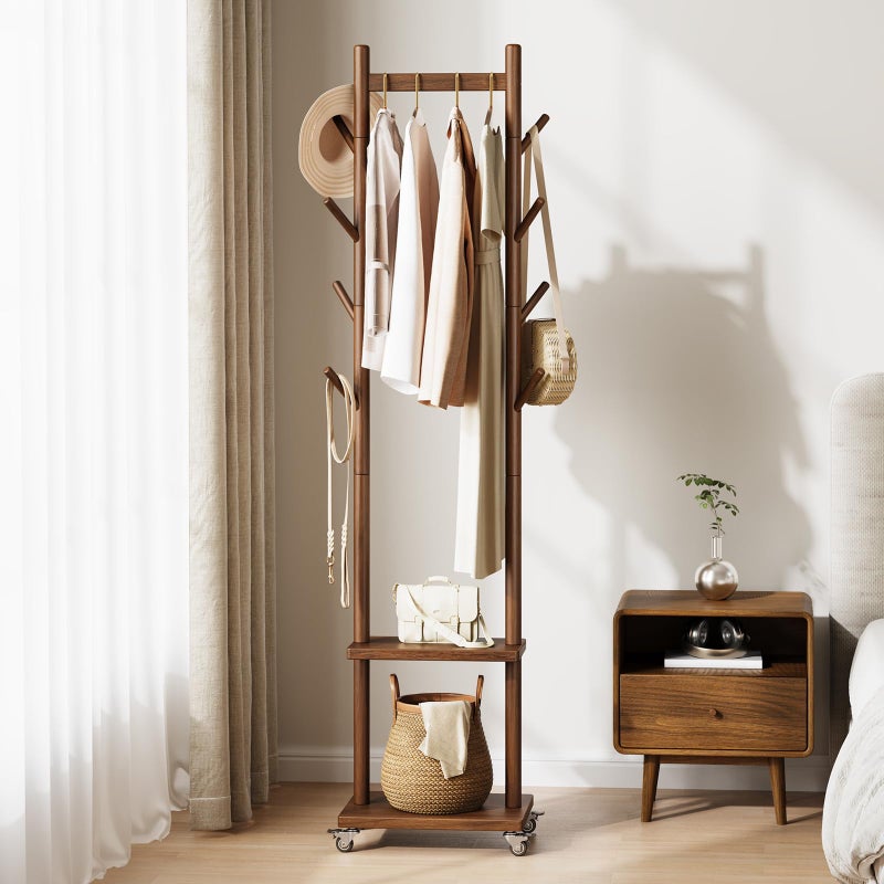Yoobure Solid Wood Coat Rack Freestanding - Rolling Clothes Rack with 8 Hooks & Shelves, Small Clothing Rack with Wheels, Heavy Duty Clothing Racks for Hanging Clothes, Portable Hall Tree for Entryway - Image 1