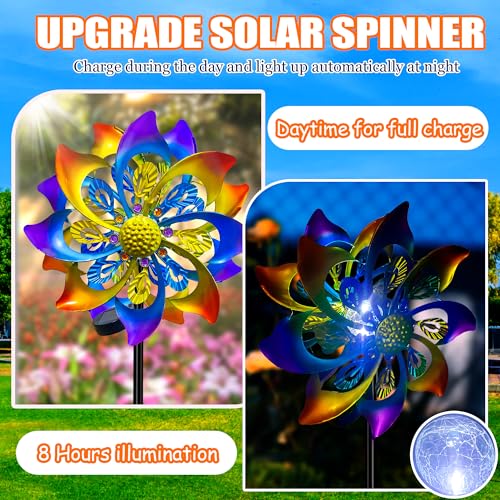 KUKEO 60 Inch Solar Wind Spinner Outdoor - Double-Sided Rotating Colorful Kinetic Wind Spinners for Garden, Yard Decorations Outdoor,Metal Wind Sculptures & Spinners, Wind Art - Image 3