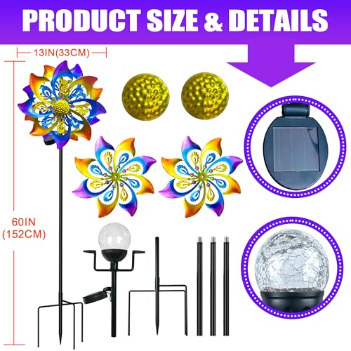 KUKEO 60 Inch Solar Wind Spinner Outdoor - Double-Sided Rotating Colorful Kinetic Wind Spinners for Garden, Yard Decorations Outdoor,Metal Wind Sculptures & Spinners, Wind Art - Image 2