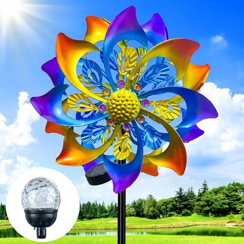 KUKEO 60 Inch Solar Wind Spinner Outdoor - Double-Sided Rotating Colorful Kinetic Wind Spinners for Garden, Yard Decorations Outdoor,Metal Wind Sculptures & Spinners, Wind Art - Image 1
