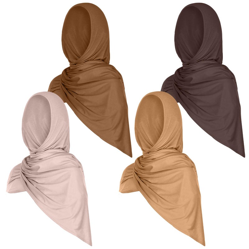 Vabean 4 Pcs Instant Hijab for Women Jersey Hijabs Pinless Ramadan Islamic Muslim Head Wraps Premium Head Scarf Shawl turban(Vanilla, Camel, Dark Ginger, Dark Brown) - Image 1