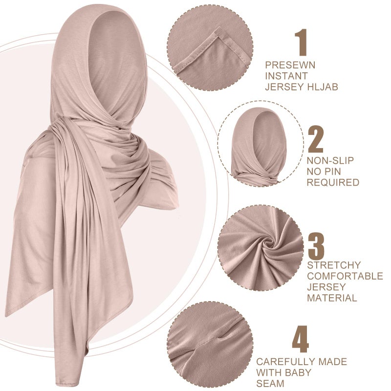 Vabean 4 Pcs Instant Hijab for Women Jersey Hijabs Pinless Ramadan Islamic Muslim Head Wraps Premium Head Scarf Shawl turban(Vanilla, Camel, Dark Ginger, Dark Brown) - Image 2