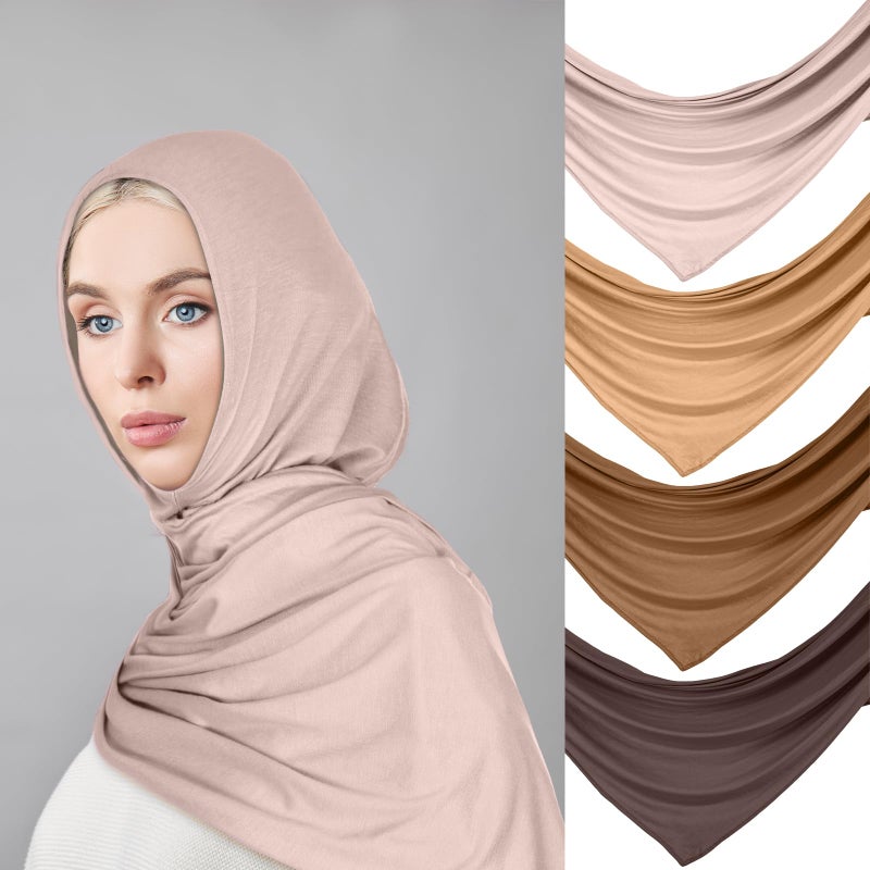 Vabean 4 Pcs Instant Hijab for Women Jersey Hijabs Pinless Ramadan Islamic Muslim Head Wraps Premium Head Scarf Shawl turban(Vanilla, Camel, Dark Ginger, Dark Brown) - Image 4