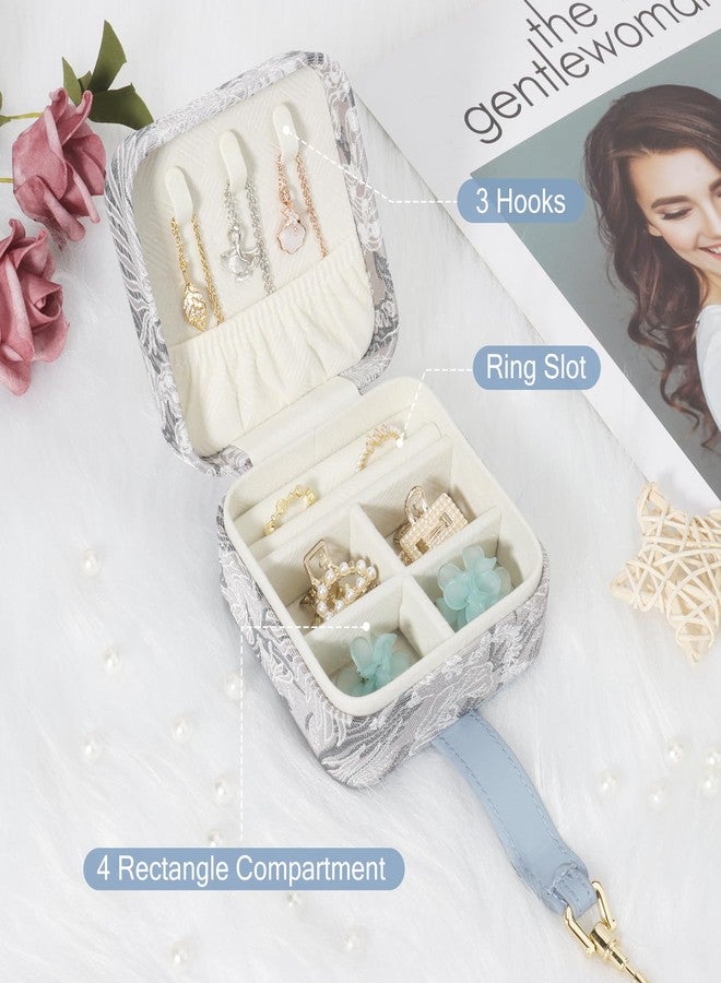 DesignSter Jewelry Box, Buckle Women's Small Travel Jewelry Box, Small Portable Jewelry Storage Box with Jacquard Embroidery for Rings Earrings Necklaces Bracelets, Blue - Image 2