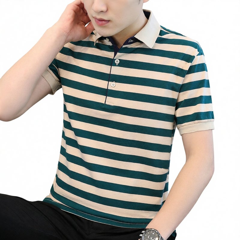 Men's Short Sleeve Striped Cotton Polo Shirt Business Casual Top - Image 1
