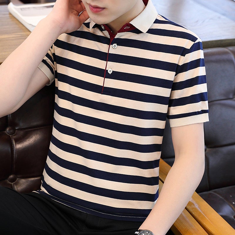 Men's Short Sleeve Striped Cotton Polo Shirt Business Casual Top - Image 2