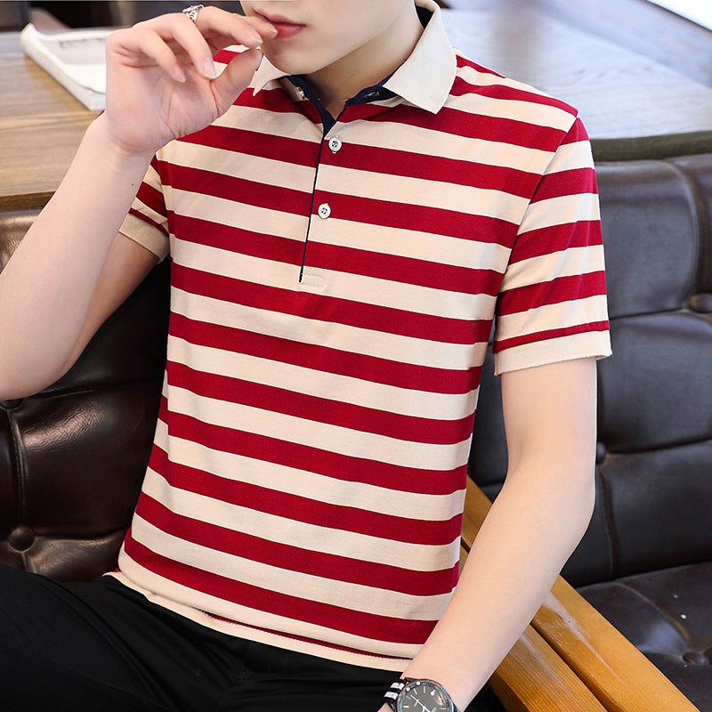 Men's Short Sleeve Striped Cotton Polo Shirt Business Casual Top - Image 3