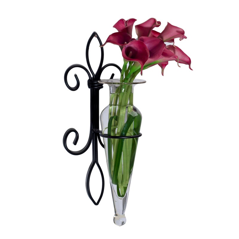 Danya B Danya B Home Accent Wall Mount Fleur de Lis Flower Vase Sconce Made from Iron and Clear Glass it Can be Displayed on The Wall Indoors or Perfect for The Patio 
