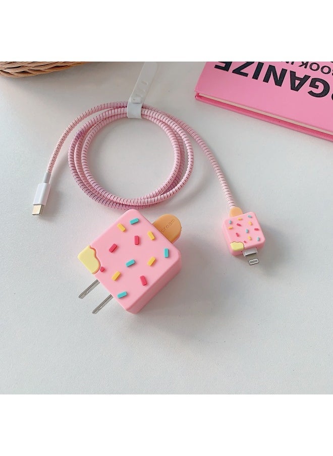 Generic 2024 Four-piece Charger Protective Cover For Apple 15 Fast Charging Protective Cover 18W/20W Charger-Specifications:157. Pink Ice Cream (set Of Four) Big And Small Heads + 1.4m Wire Rope + Tie  - Image 1