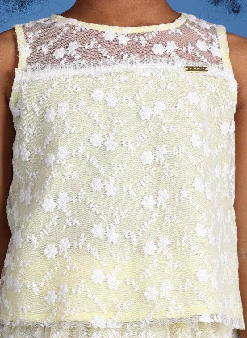 One Friday One Friday Girls Yellow Embroidered Net Top